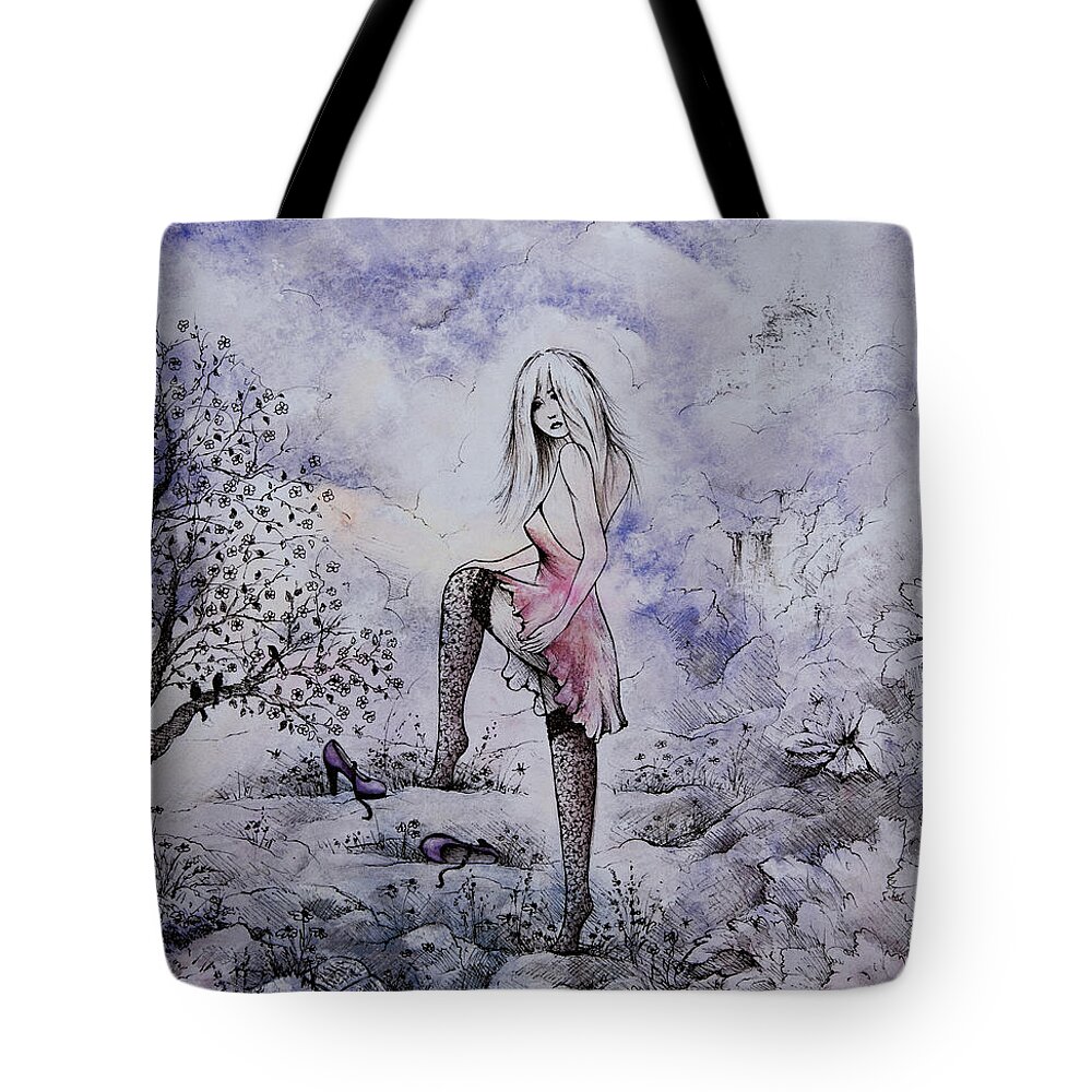 Fairy Tale Tote Bag featuring the painting Purple Pumps and a Fairy Tale by William Russell Nowicki