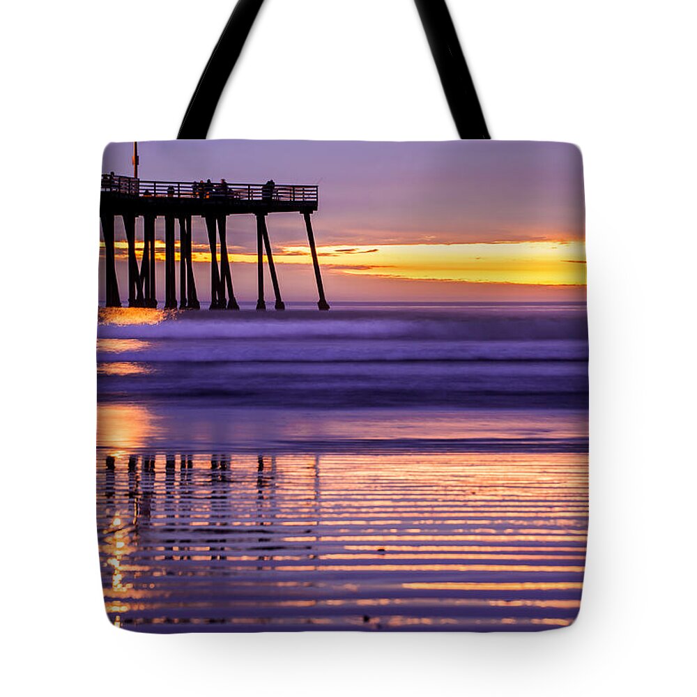 Pismo Beach Tote Bag featuring the photograph Purple Sunset at the Pismo Beach Pier by Gregory Ballos