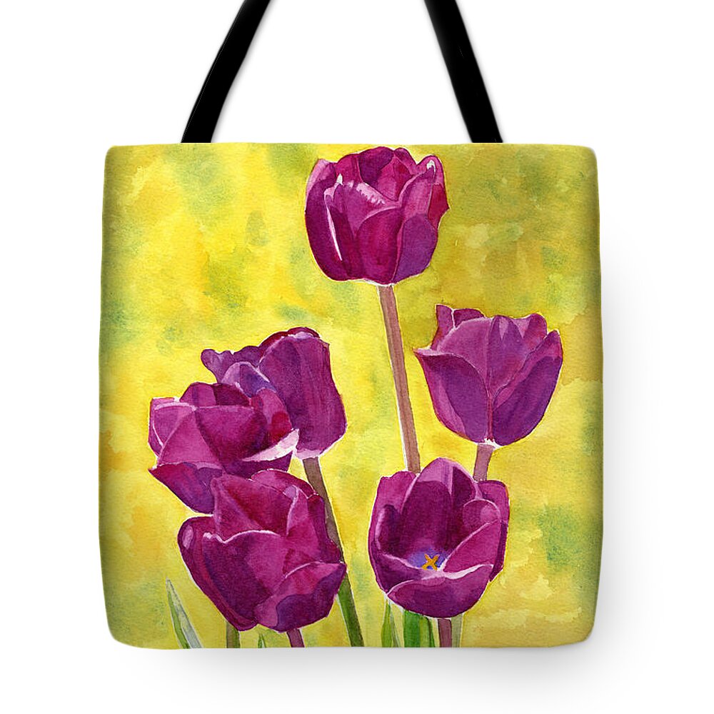 Contemporary Watercolor Tote Bag featuring the painting Purple Tulips Yellow Textured Background by Sharon Freeman