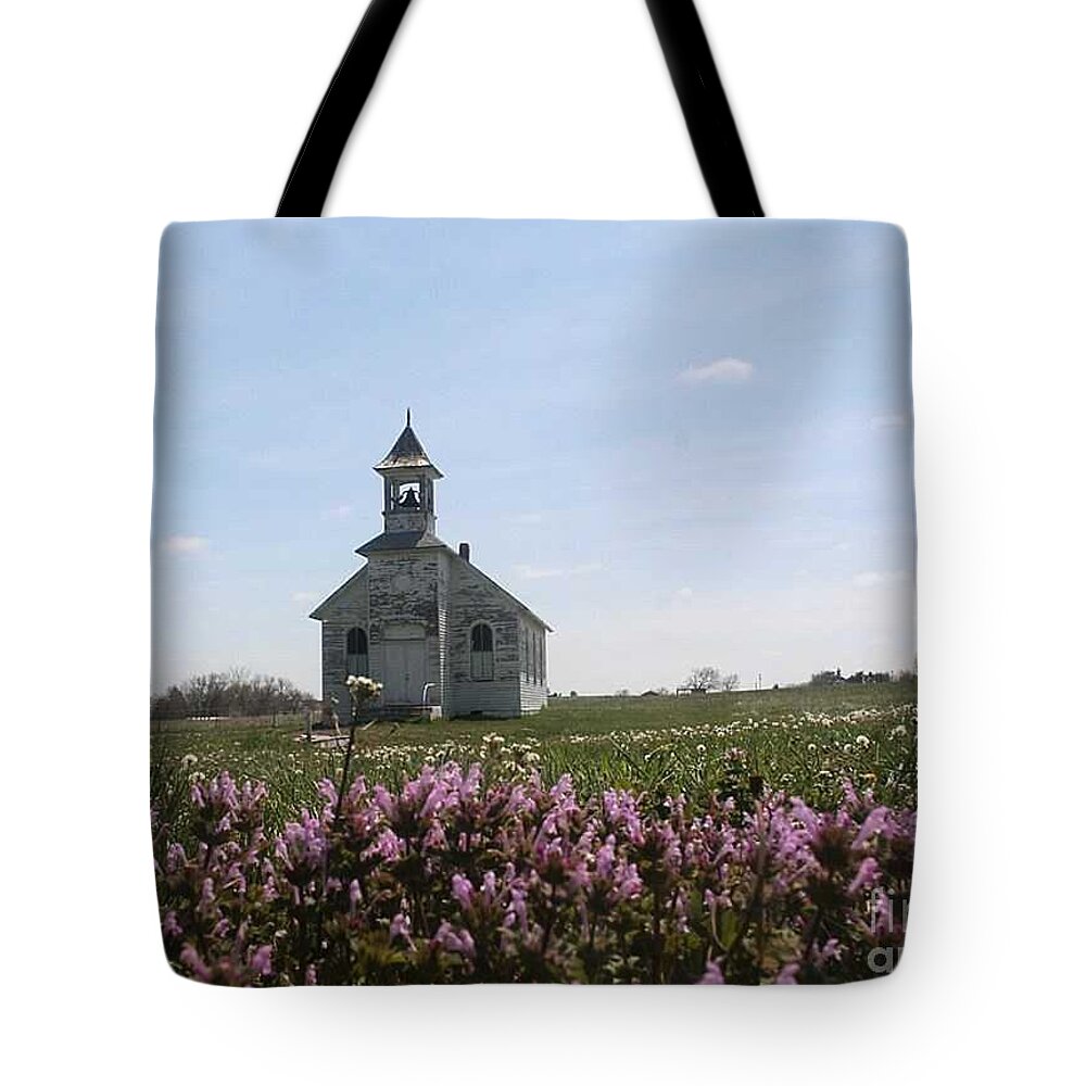 Dandelion Church Tote Bag featuring the painting Purple Wildflower Field Church by PainterArtist FIN