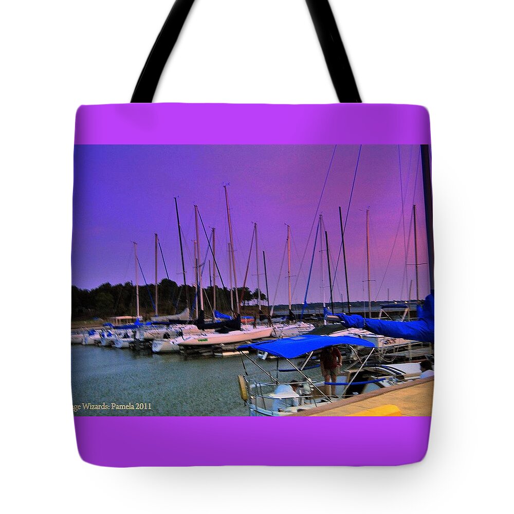 Evening Sailboats Tote Bag featuring the digital art Putting The Sails To Bed At Sunset by Pamela Smale Williams