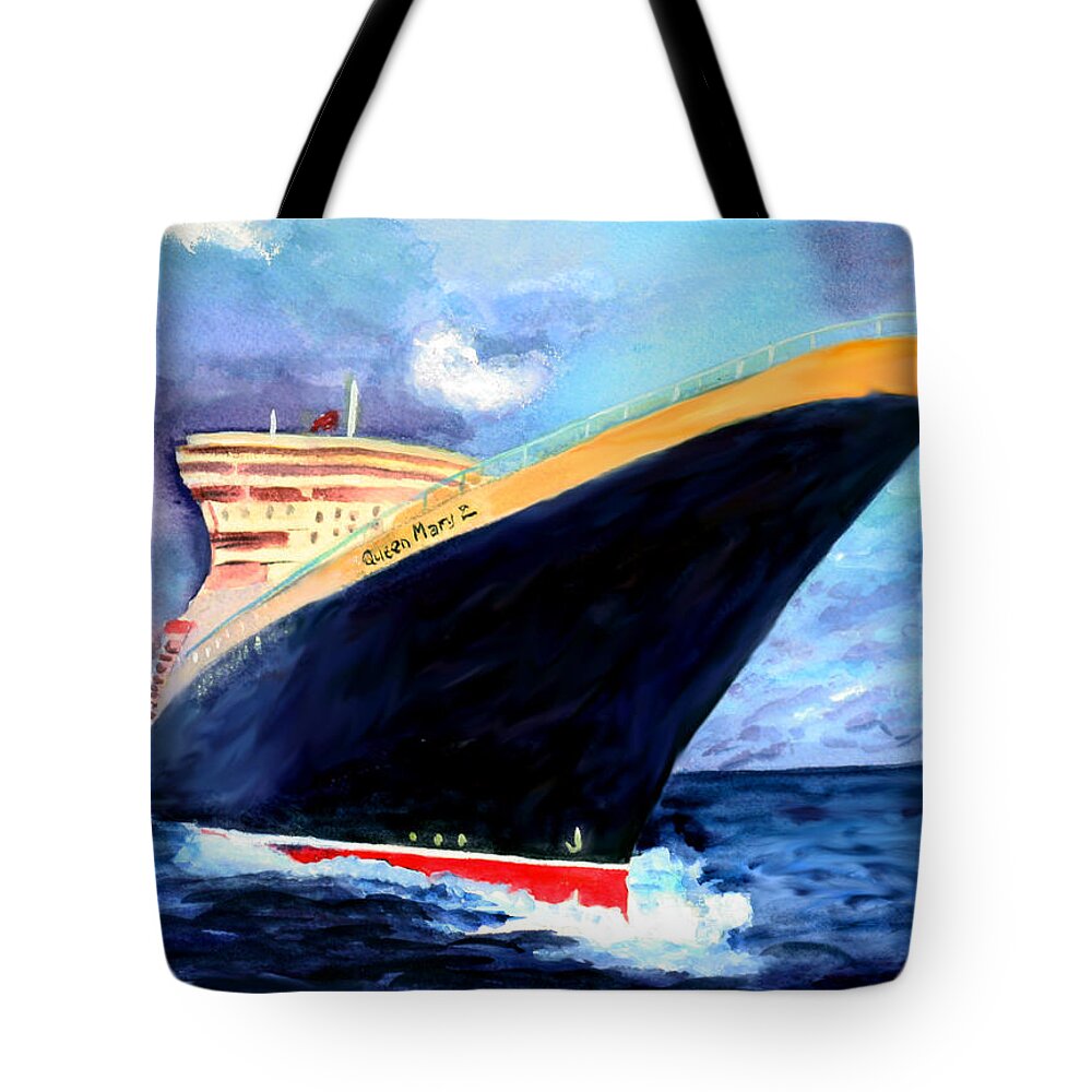 Ocean Liner Tote Bag featuring the painting Queen Mary 2 by Donna Walsh