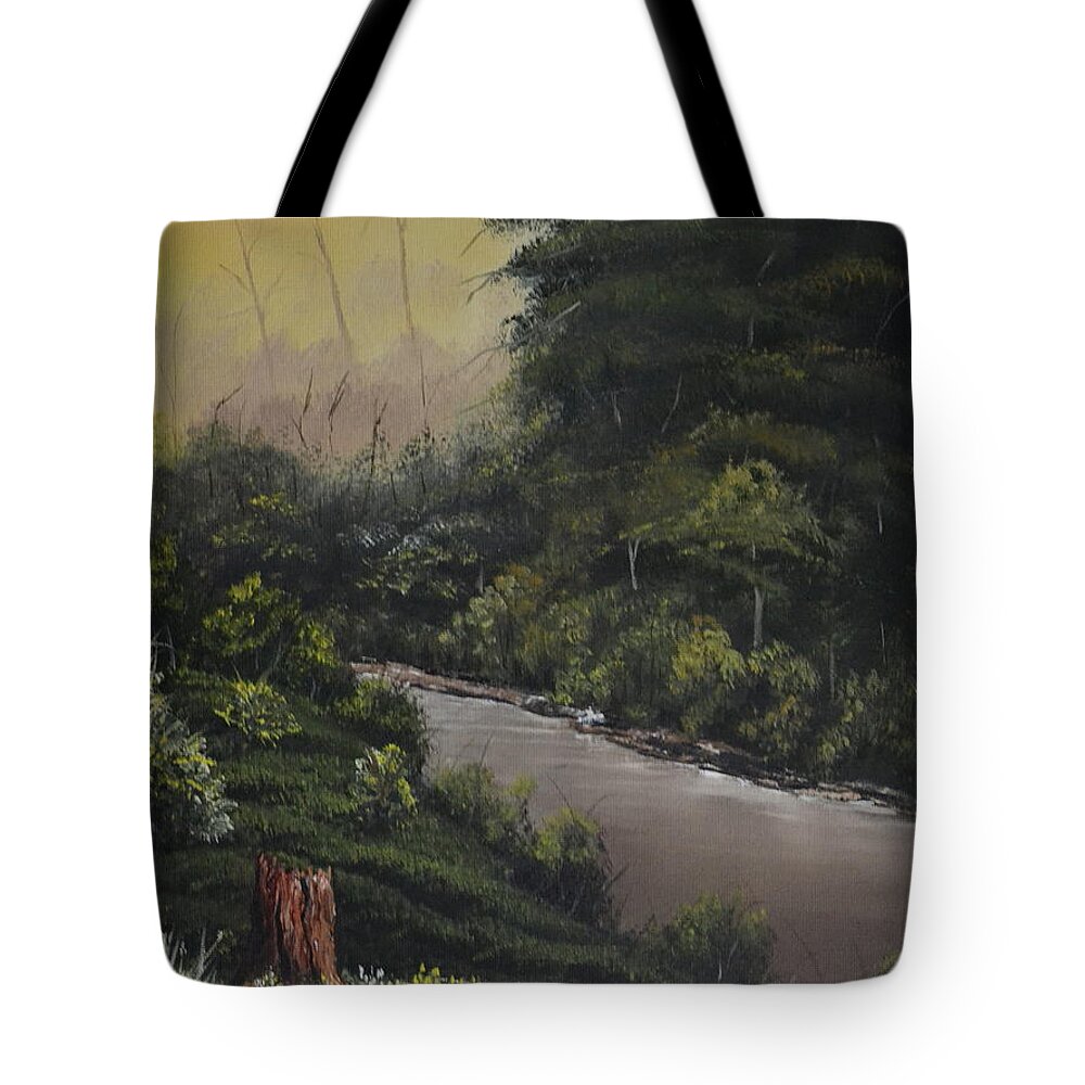 A Forest Scene At Daybreak With A Slow Moving Creek Tote Bag featuring the painting Quiet Creek by Martin Schmidt