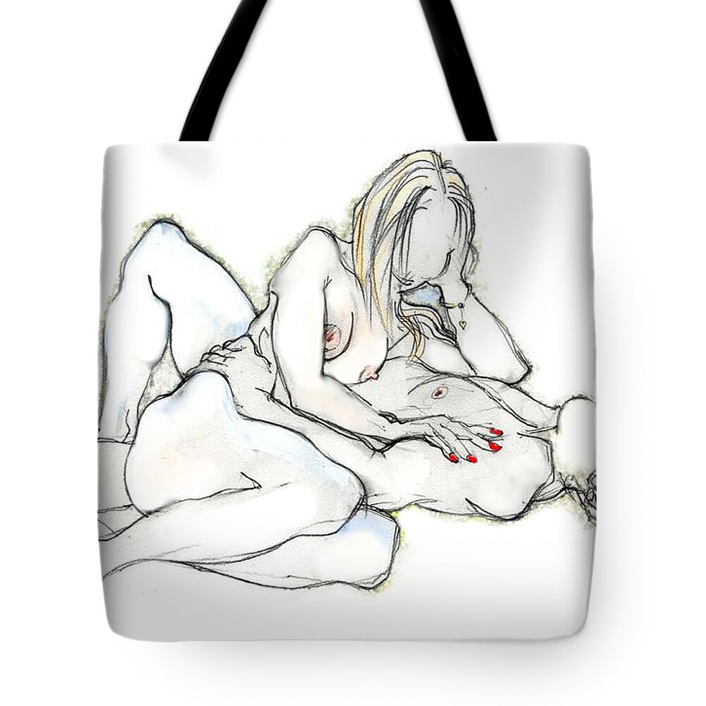 Nudes Tote Bag featuring the mixed media Quiet Time by Carolyn Weltman