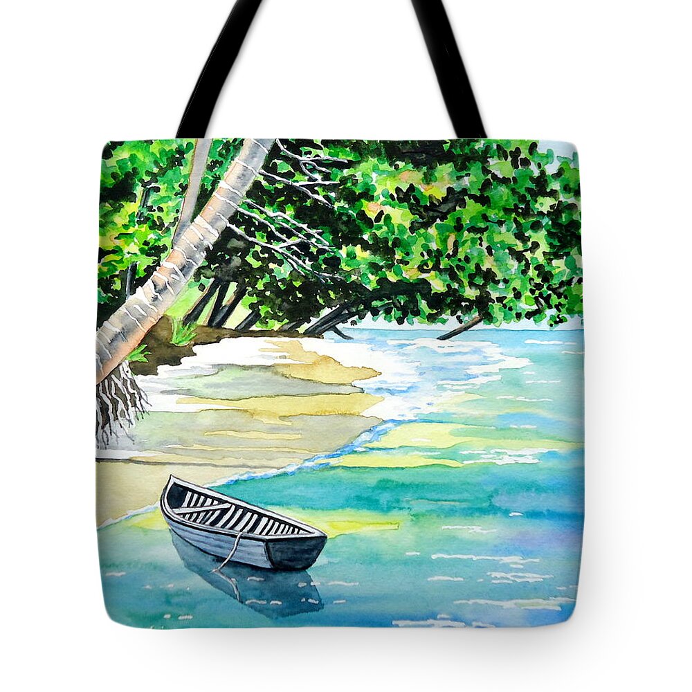 Watercolor Tote Bag featuring the painting Quiet Waters in Paradise by Laurie Anderson