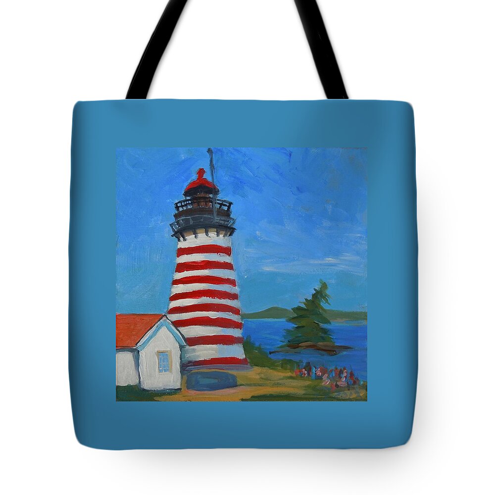 Lighthouse Tote Bag featuring the painting Quoddy Head Light I by Francine Frank