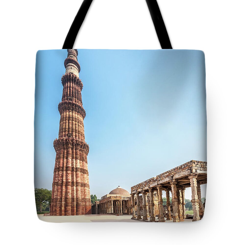 Arch Tote Bag featuring the photograph Qutub Minar Qutb Minaret Tower Delhi by Mlenny