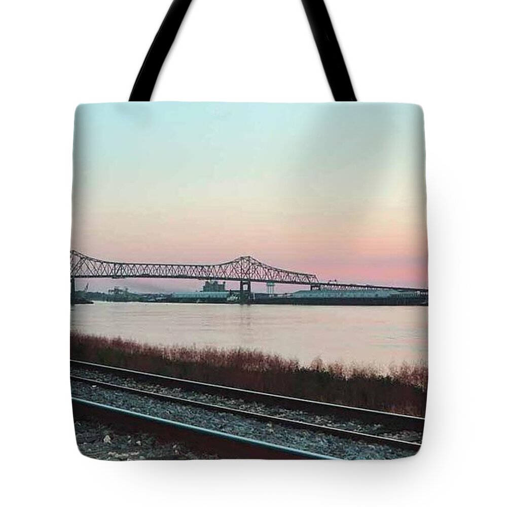 Baton Rouge Tote Bag featuring the photograph Rail Along Mississippi River by Charlotte Schafer