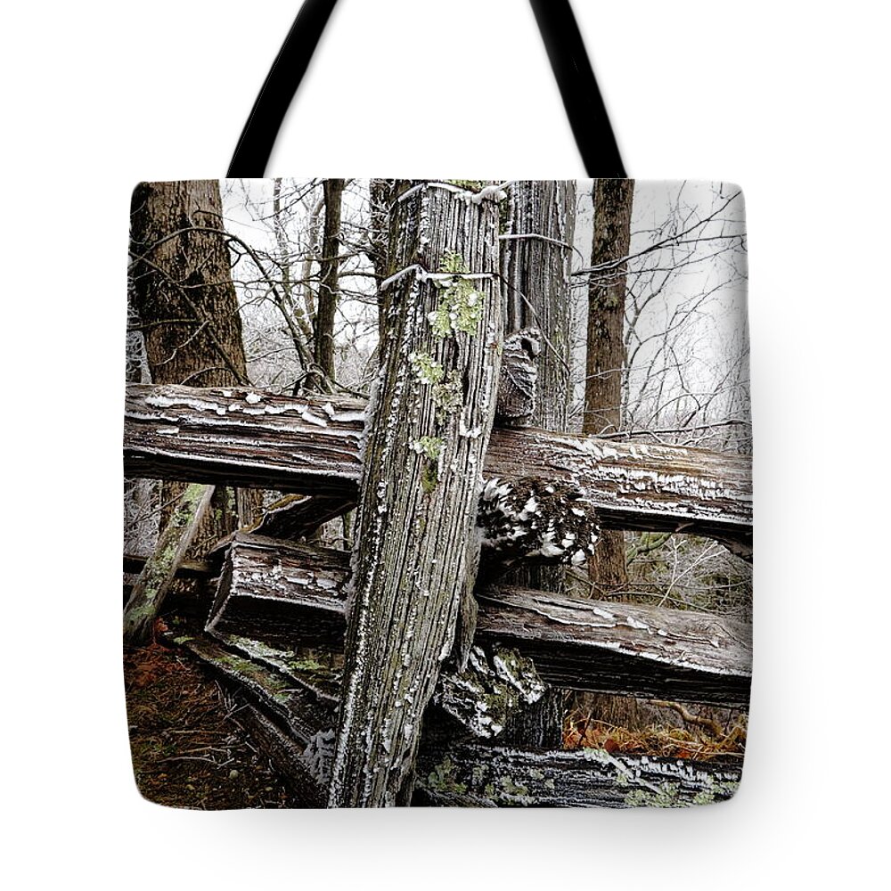 Landscape Tote Bag featuring the photograph Rail Fence With Ice by Daniel Reed