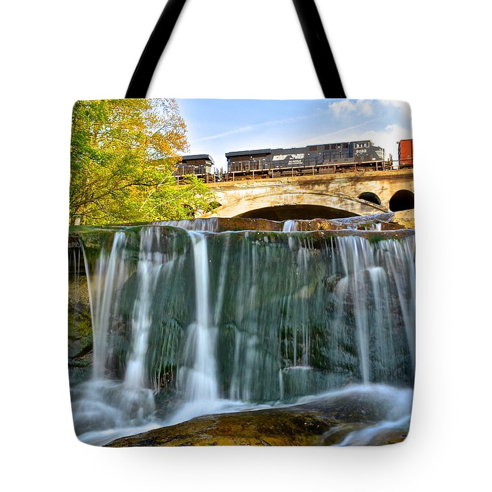 Railroad Tote Bag featuring the photograph Railroad Waterfall by Frozen in Time Fine Art Photography