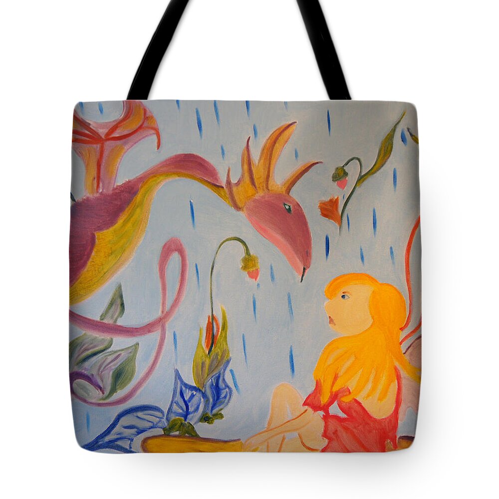 Dragon Tote Bag featuring the painting Rain Dragon by Meryl Goudey