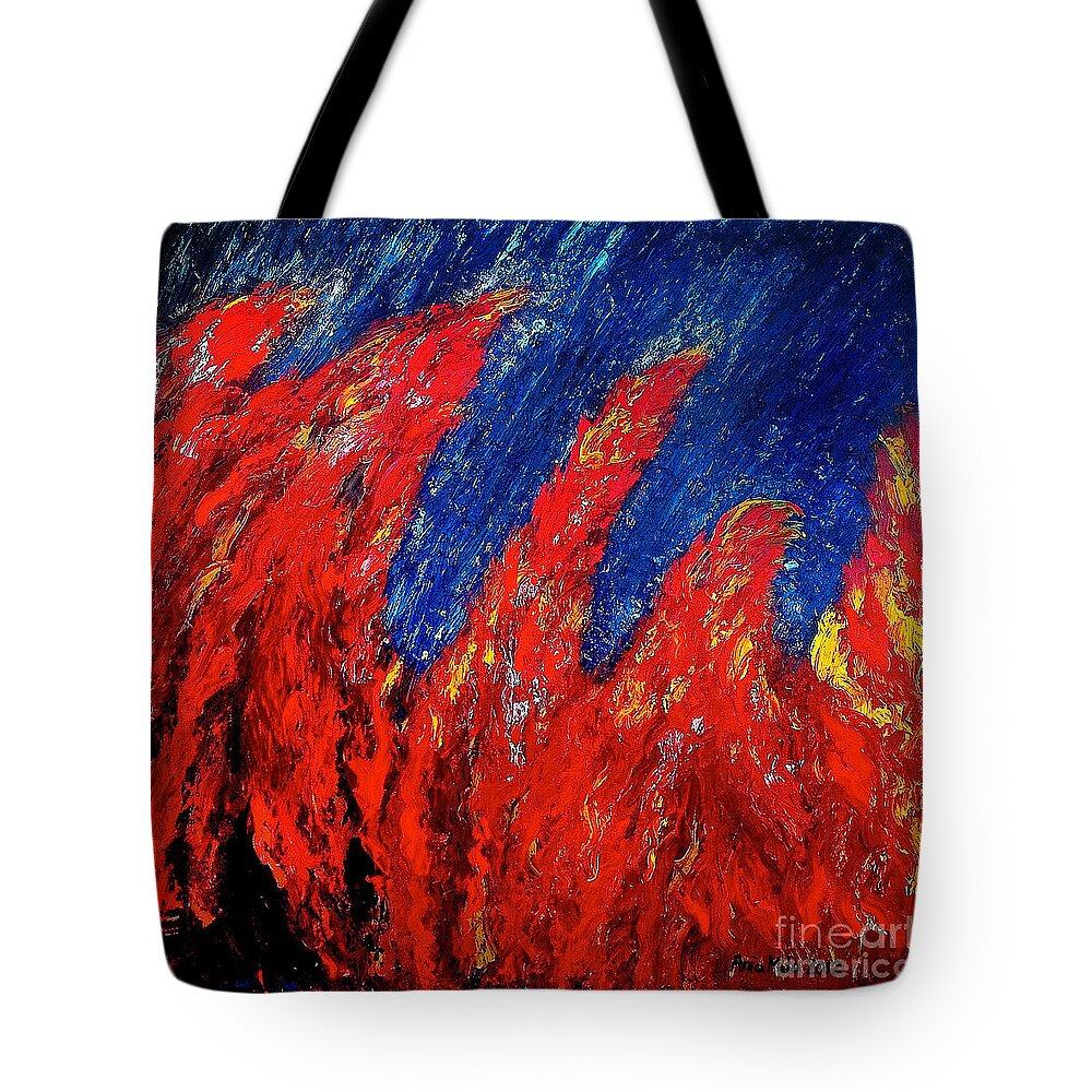 Oil Tote Bag featuring the painting Rain on Fire by Ania M Milo
