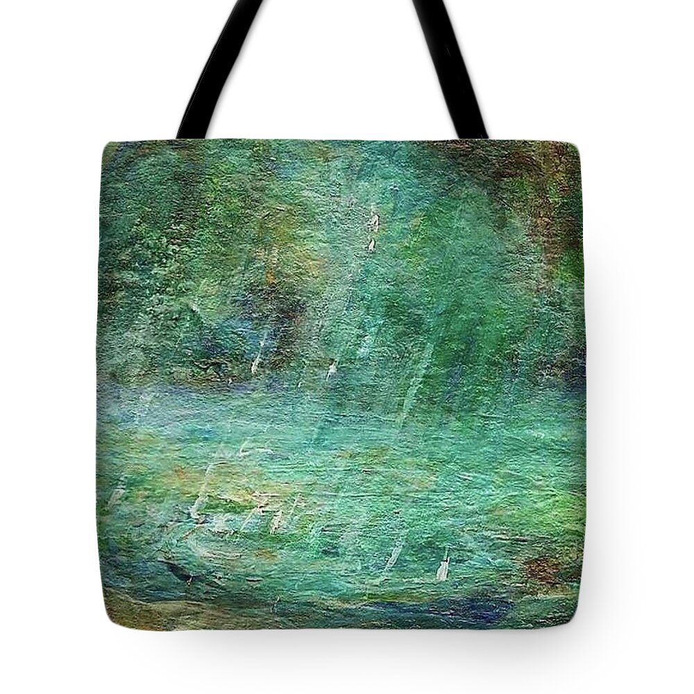 Landscape Painting Tote Bag featuring the painting Rain on the Pond by Mary Wolf