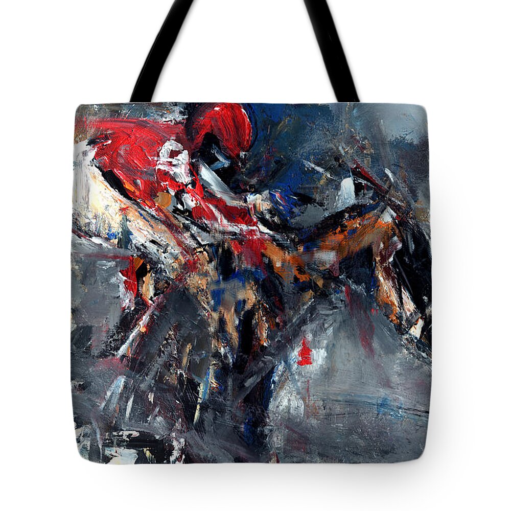 Horse Racing Tote Bag featuring the painting Rain Race by John Gholson