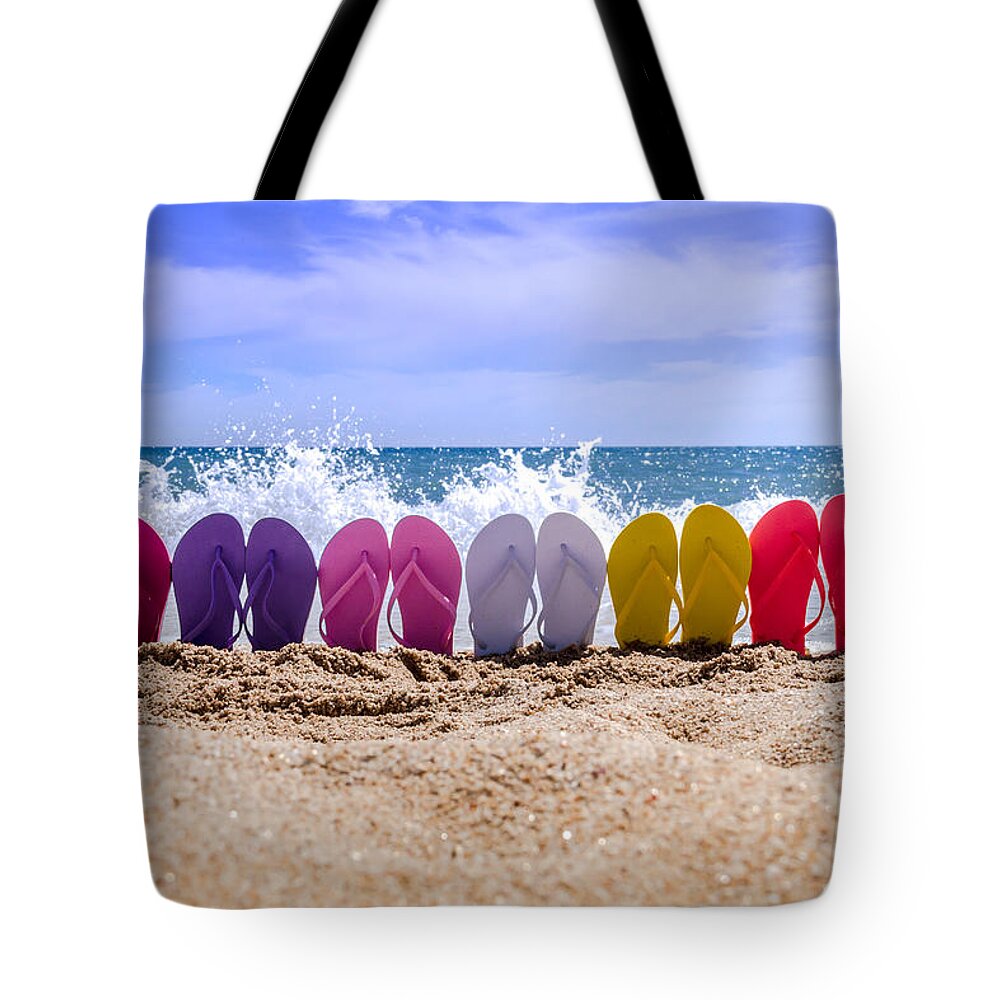 Rainbow of Flip Flops on the Beach Tote Bag
