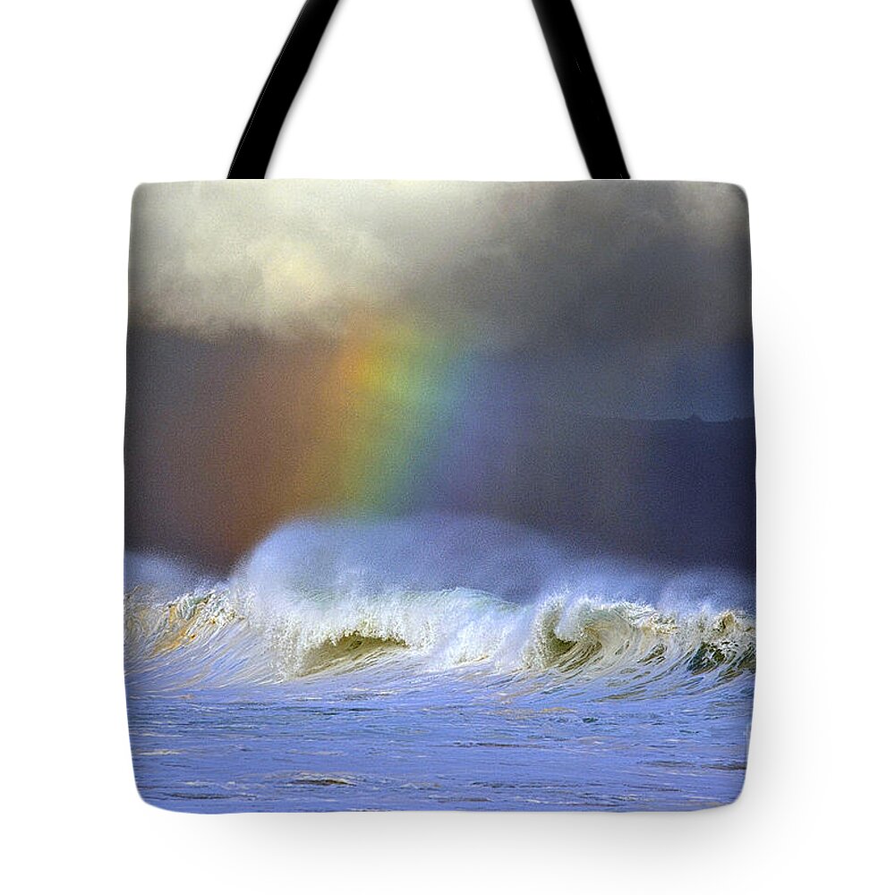 Banzai Pipeline Rainbow Tote Bag featuring the photograph Rainbow on the Banzai Pipeline at the North Shore of Oahu by Aloha Art