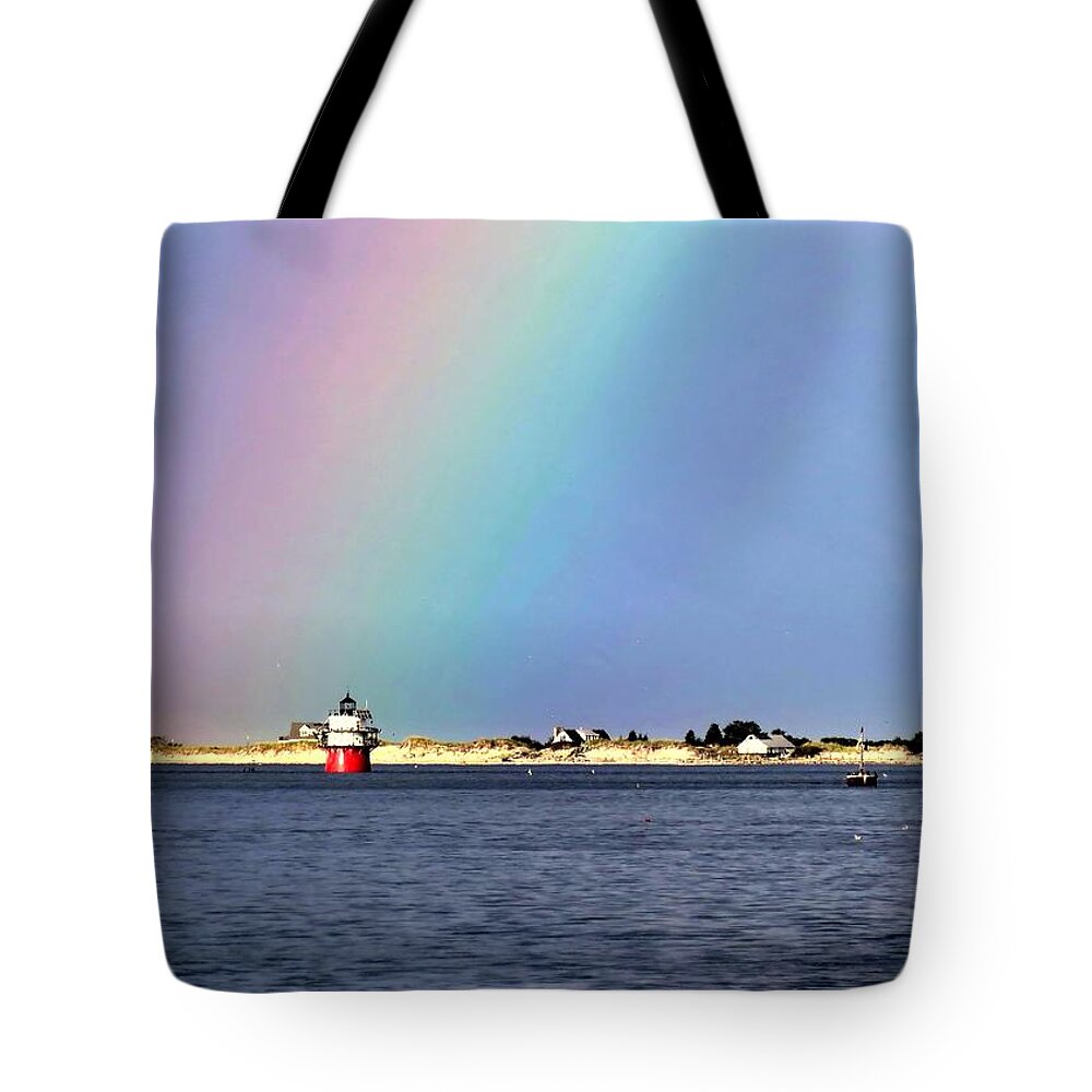 Rainbow Over Bug Light Tote Bag featuring the photograph Rainbow over Bug Light by Janice Drew