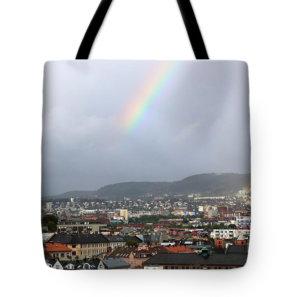 Oslo Tote Bag featuring the photograph Rainbow over Oslo by Carol Groenen