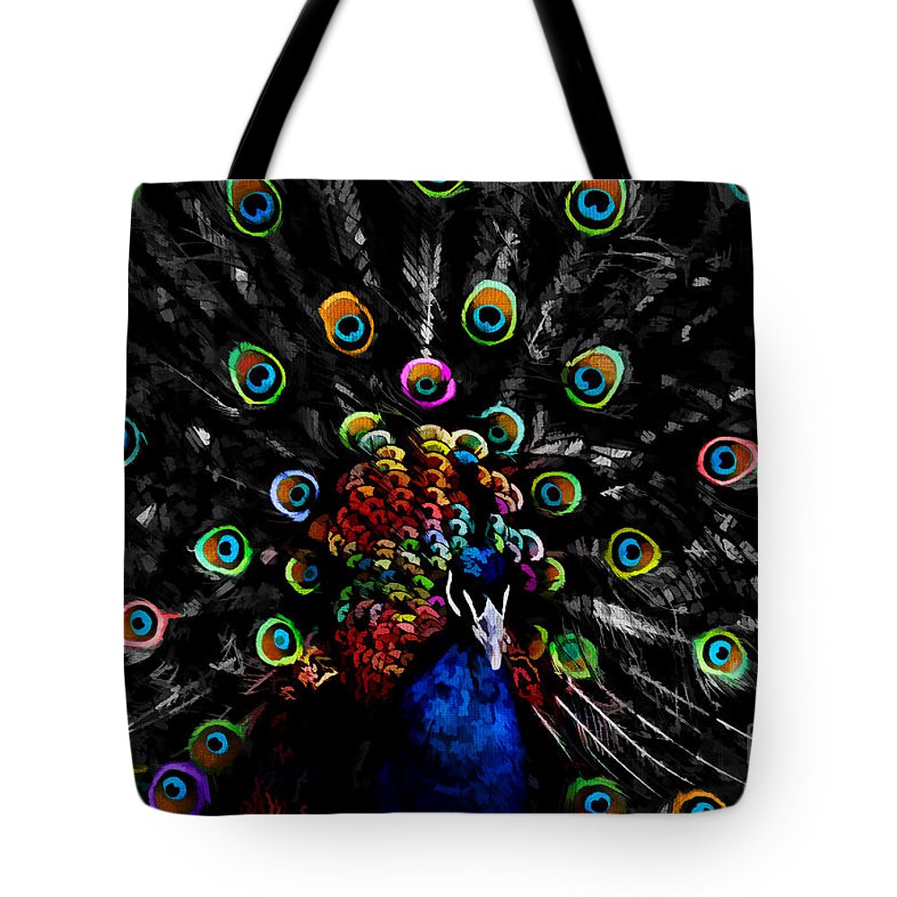 Colorful Peacock Tote Bag featuring the digital art Rainbow Peacock by Jayne Carney