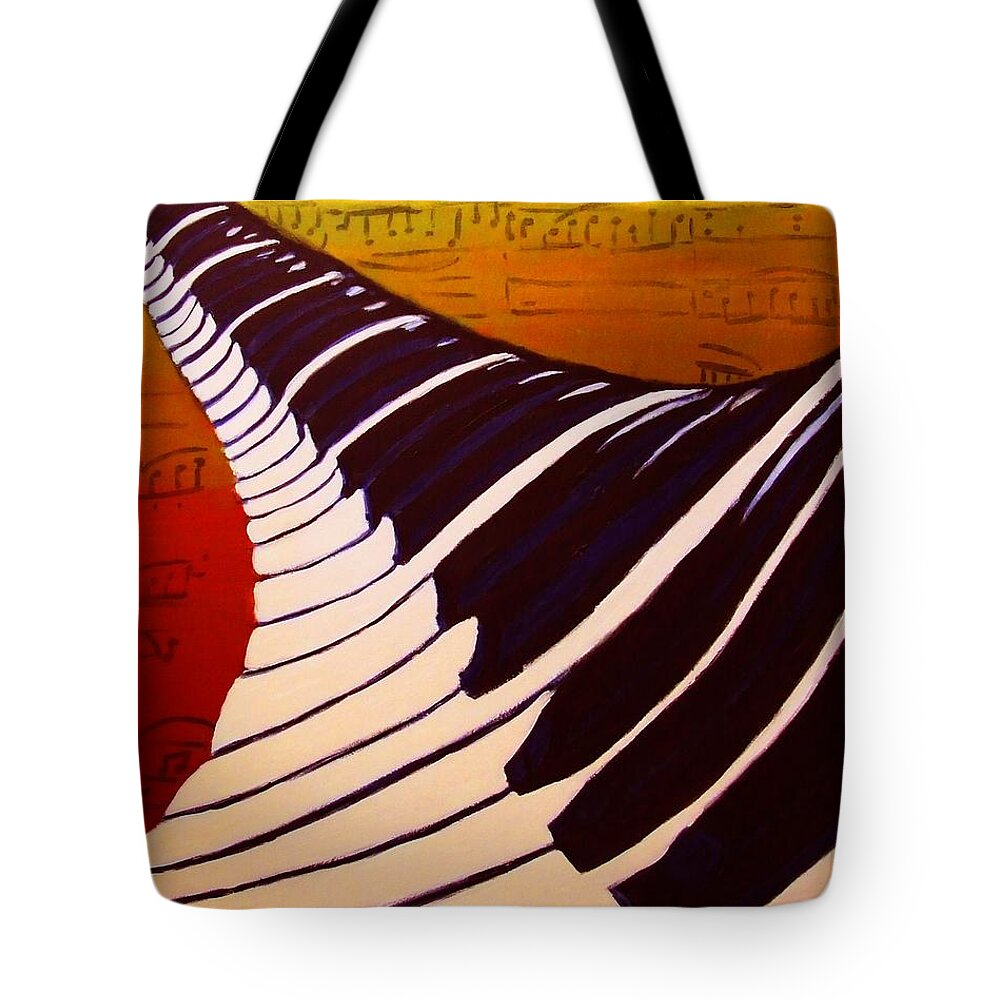 Rainbow Piano Tote Bag featuring the painting Rainbow Piano Keyboard Twist in Acrylic Paint with Sheet Music Notes in Blue Yellow Orange Red by M Zimmerman MendyZ