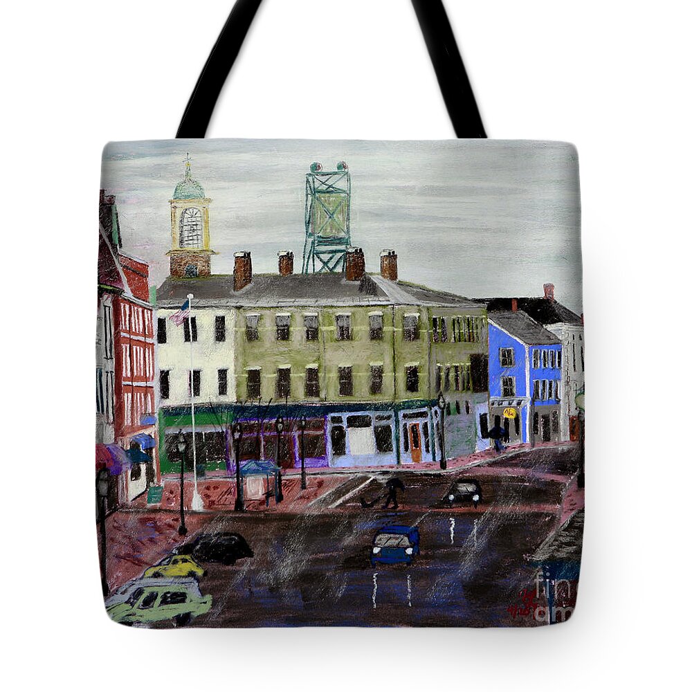 Market Square Tote Bag featuring the pastel Rainy Day on Market Square by Francois Lamothe