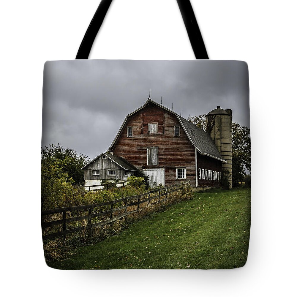 Red Barn Tote Bag featuring the photograph Rainy Day on the Farm by Kathleen Scanlan