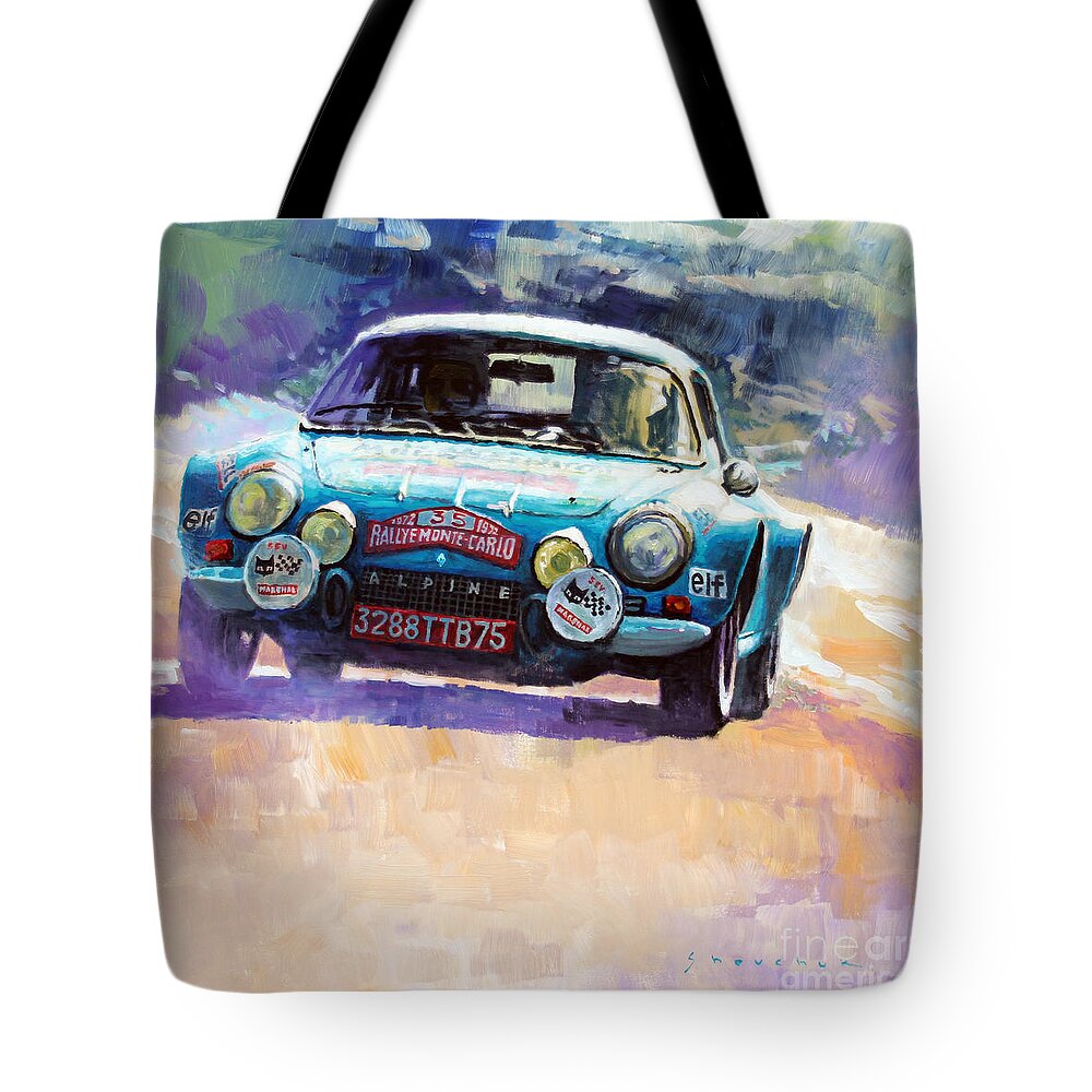 Acrilic On Canvas Tote Bag featuring the painting Rally Monte Carlo 1972 Alpine-Renault A110 1600 by Yuriy Shevchuk