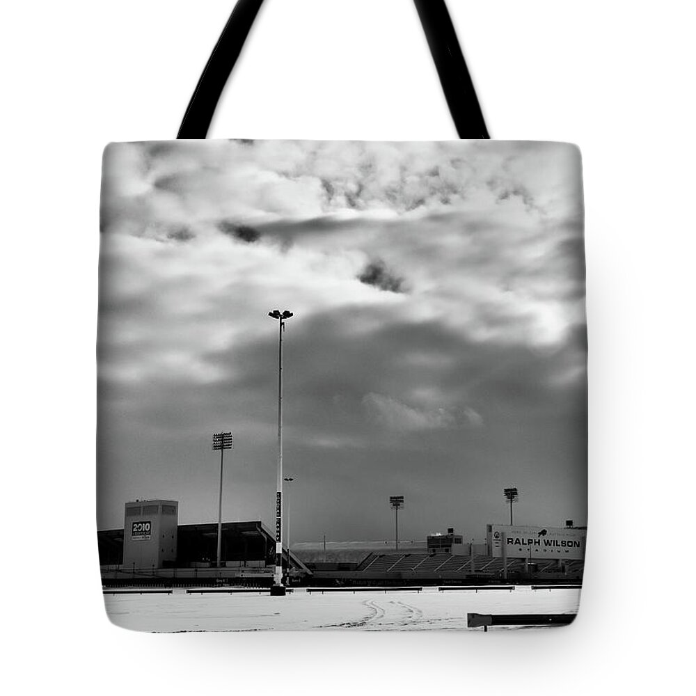 Buffalo Bills Tote Bag featuring the photograph Ralph Wilson Stadium - Off Season by Guy Whiteley