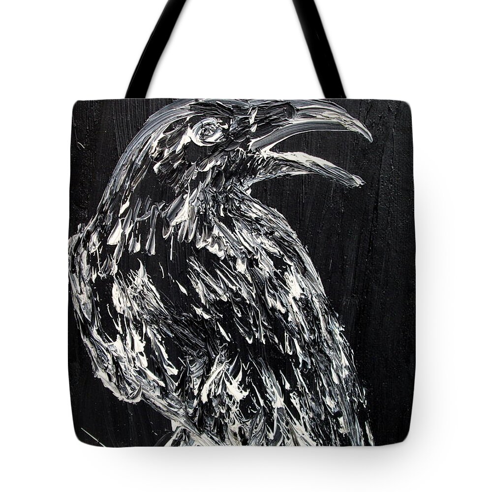 Raven Tote Bag featuring the painting RAVEN on the BRANCH - oil painting by Fabrizio Cassetta