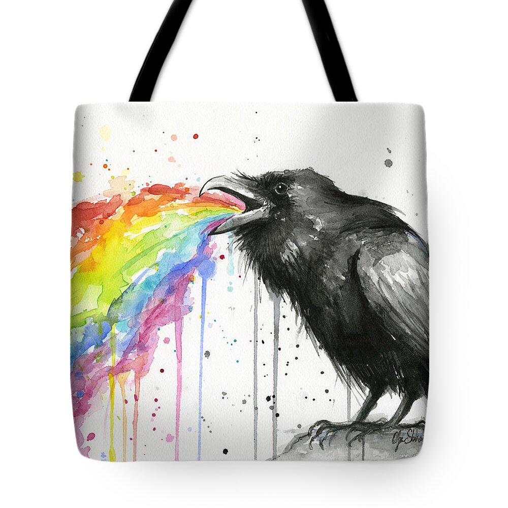 Raven Tote Bag featuring the painting Raven Tastes the Rainbow by Olga Shvartsur