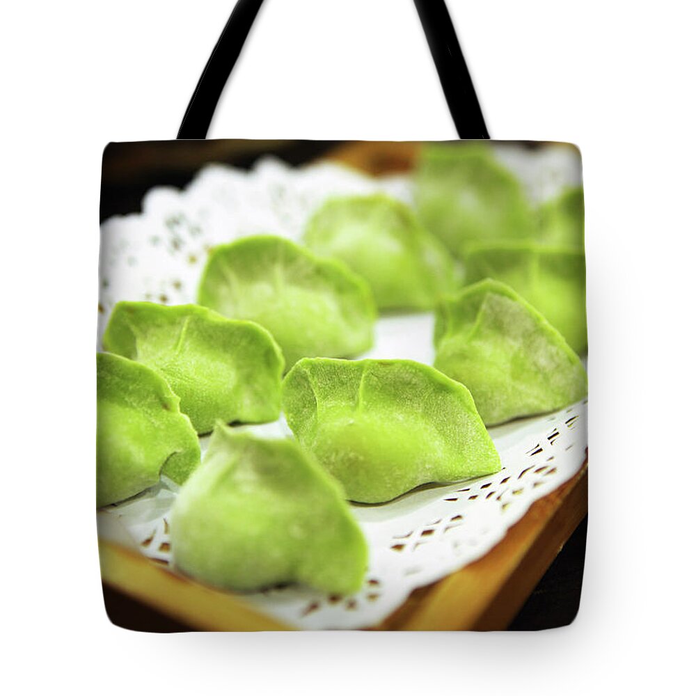 Dumpling Tote Bag featuring the photograph Raw Green Dumplings For Hot Pot by Digipub