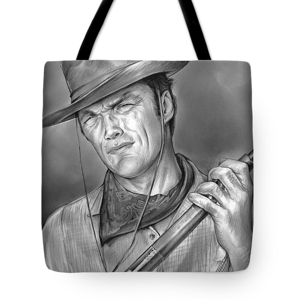 Clint Eastwood Tote Bag featuring the drawing Rawhide by Greg Joens
