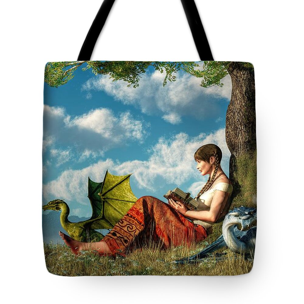 Reading About Dragons Tote Bag featuring the digital art Reading About Dragons by Daniel Eskridge