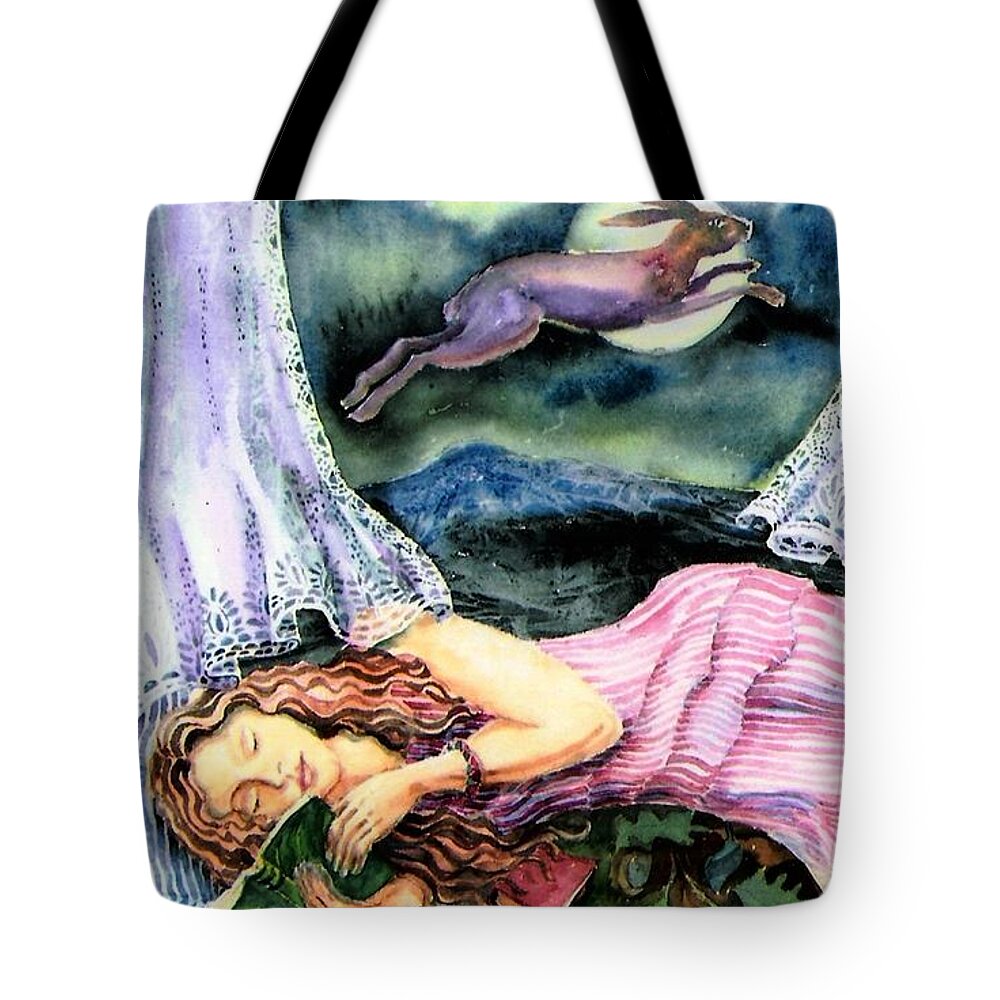 Easter Tote Bag featuring the painting Eostra and the Hare by Trudi Doyle