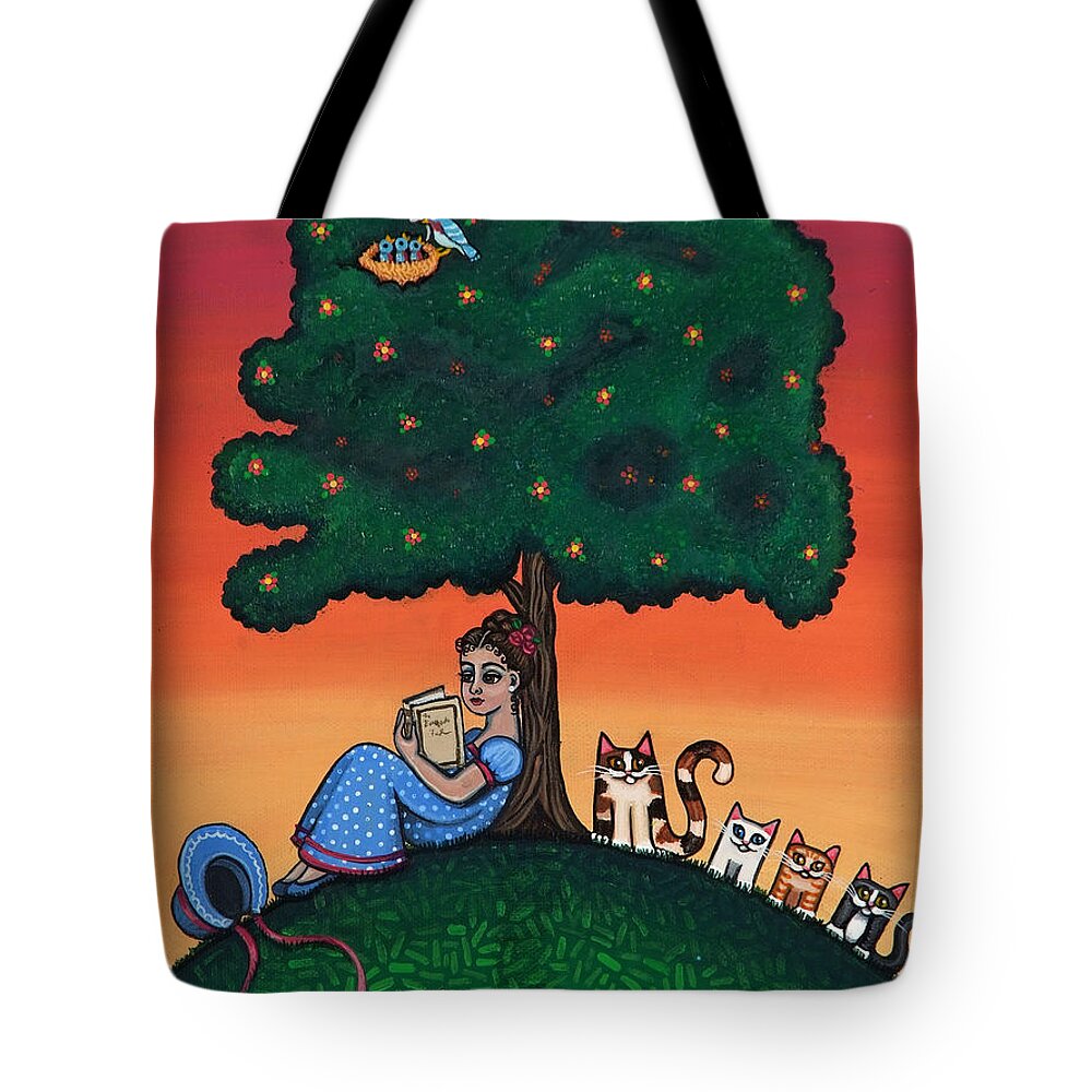 Jane Austen Tote Bag featuring the painting Reading Jane by Victoria De Almeida