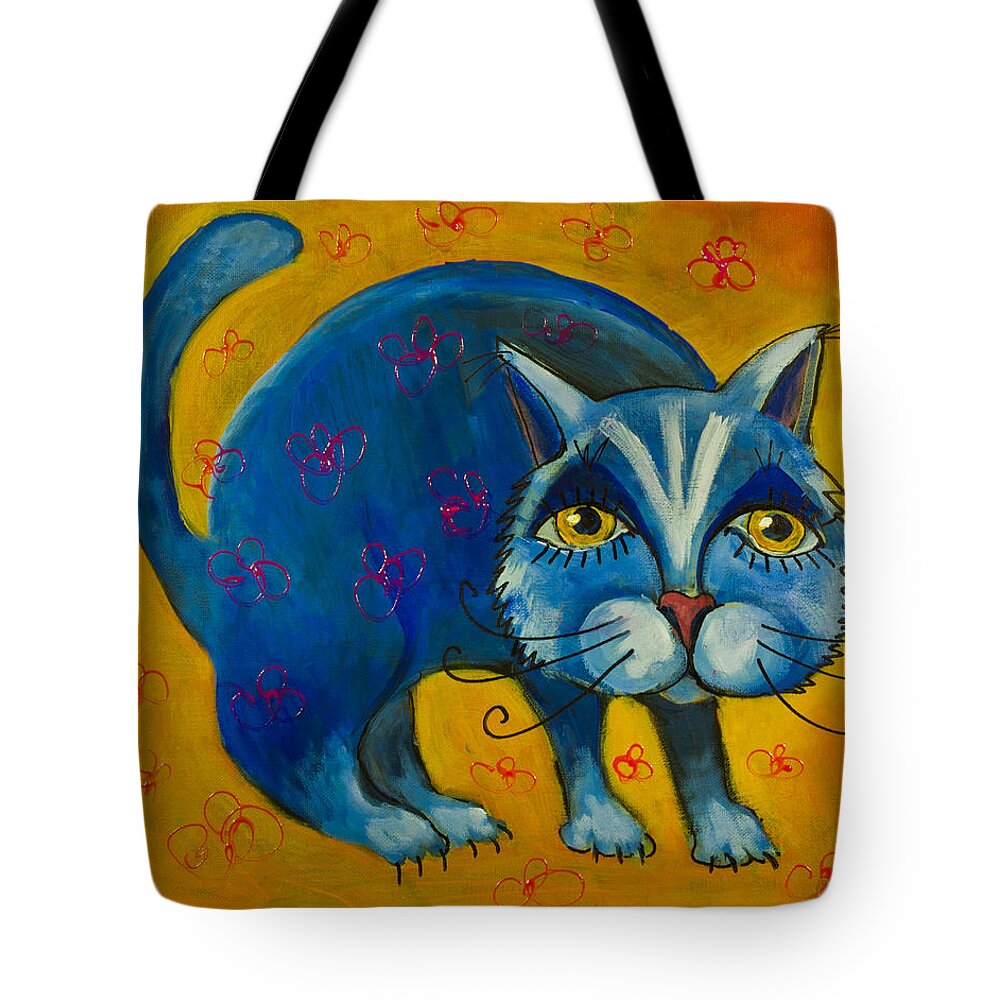 Blue Cat Tote Bag featuring the painting Ready to hunt by Maxim Komissarchik