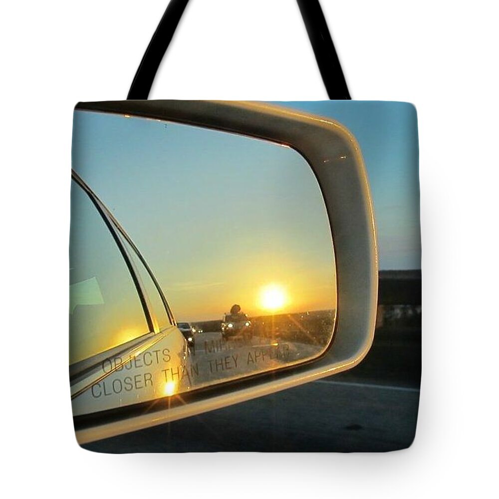 Rear View Mirror Sunset Tote Bag featuring the photograph Rear View Sunset by Deborah Lacoste