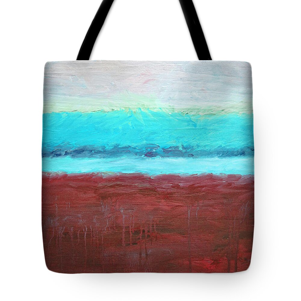 Abstract Tote Bag featuring the painting Red and Aqua get Married by Michelle Calkins