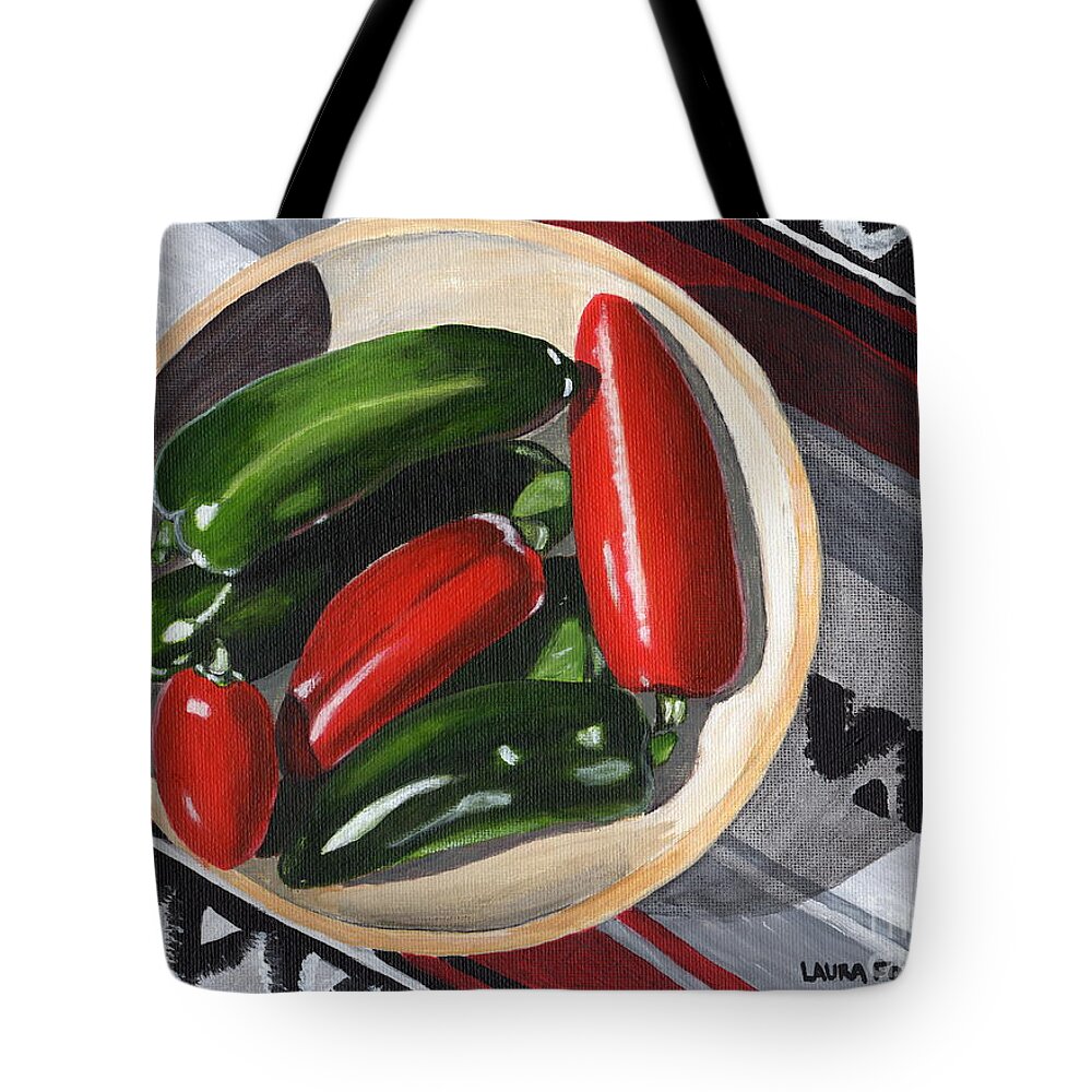 Red Peppers Tote Bag featuring the painting Red and Green Peppers by Laura Forde