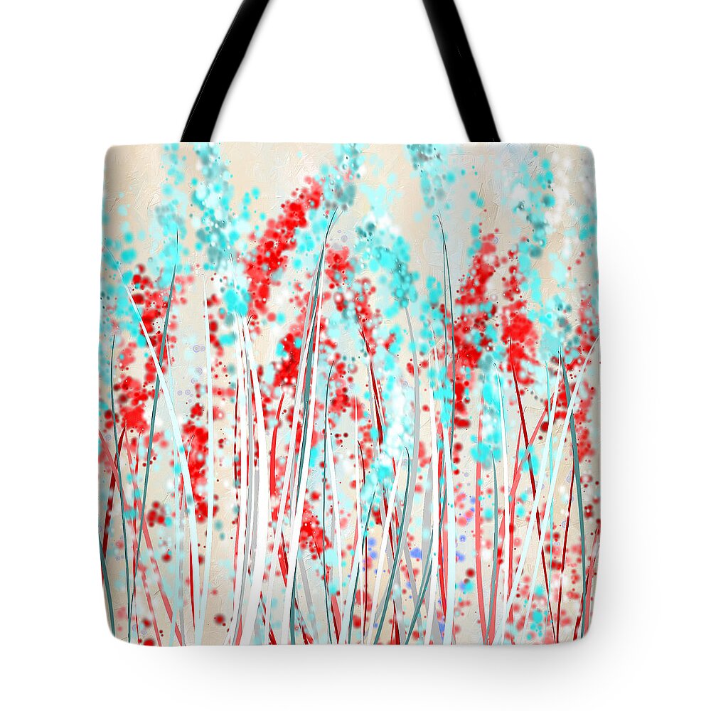 Yellow Tote Bag featuring the painting Red And Teal Fields by Lourry Legarde