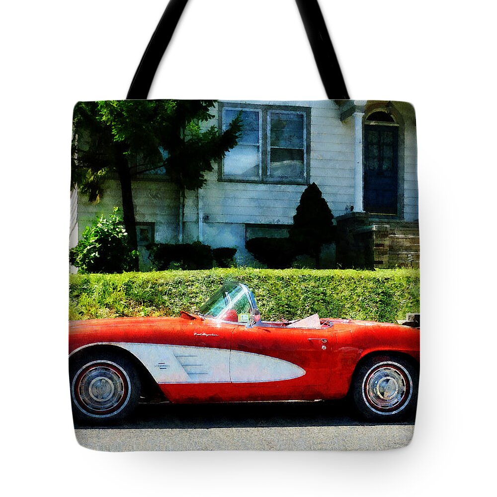 Car Tote Bag featuring the photograph Red and White Corvette Convertible by Susan Savad