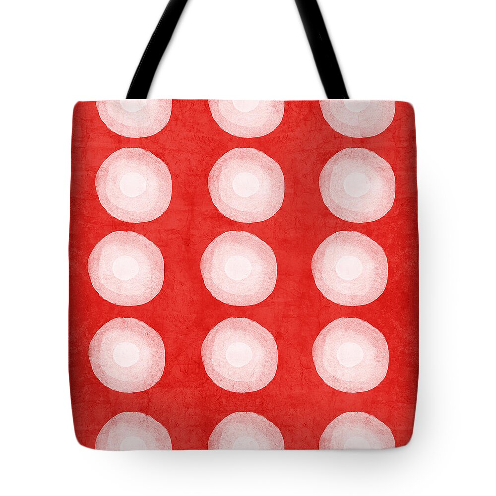 Shibori Dye Circles Pattern Shibori Look Red White Texture Pillow Abstract Art Pop Art Geometric Bedroom Art Kitchen Art Living Room Art Gallery Wall Art Art For Interior Designers Hospitality Art Set Design Wedding Gift Art By Linda Woods Tote Bag featuring the painting Red and White Shibori Circles by Linda Woods