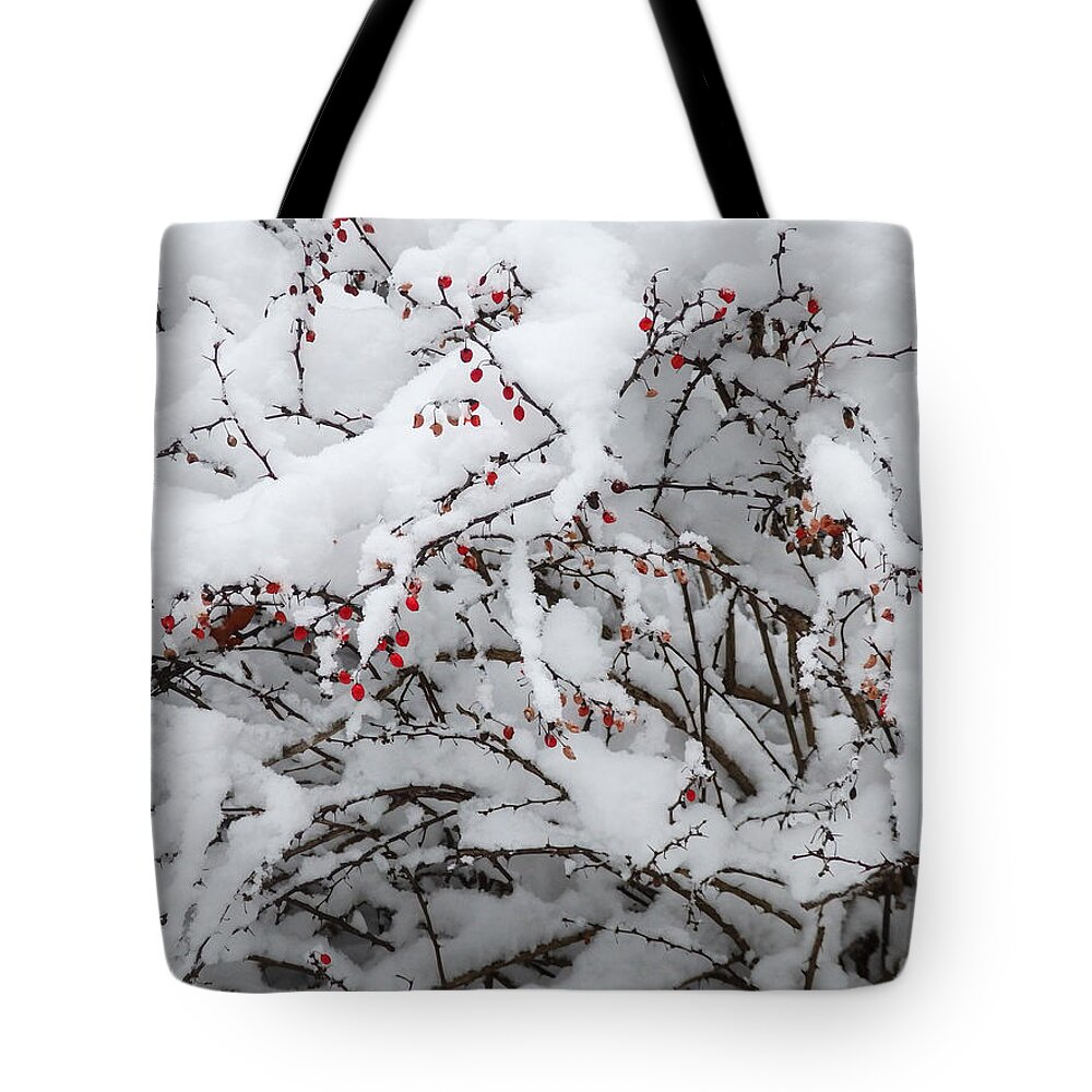 Red Tote Bag featuring the photograph Red Berries White Snow by Nancy De Flon