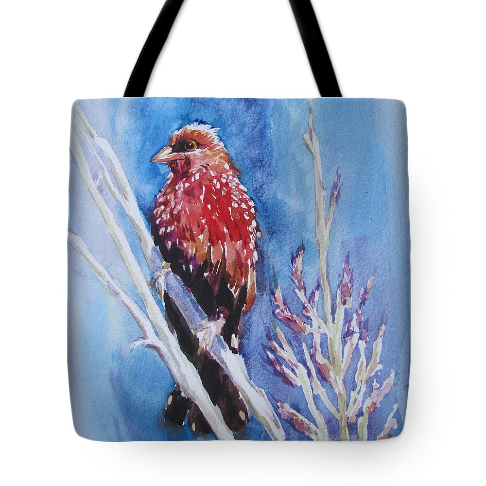 Bird Tote Bag featuring the painting The Red Bird with pink flowers by Jyotika Shroff