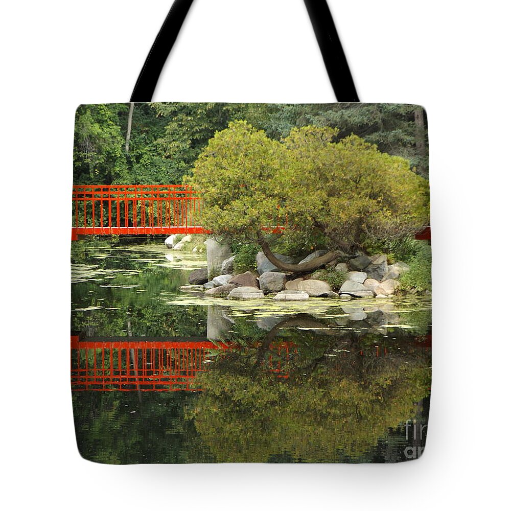 Red Tote Bag featuring the photograph Red Bridge Close Reflection by Erick Schmidt