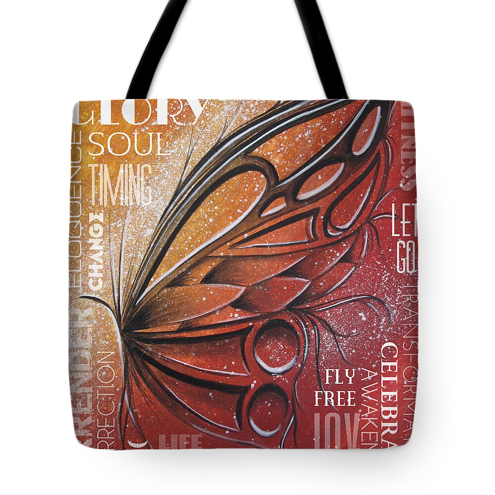Butterfly Tote Bag featuring the painting Red Butterfly Wordart by Reina Cottier