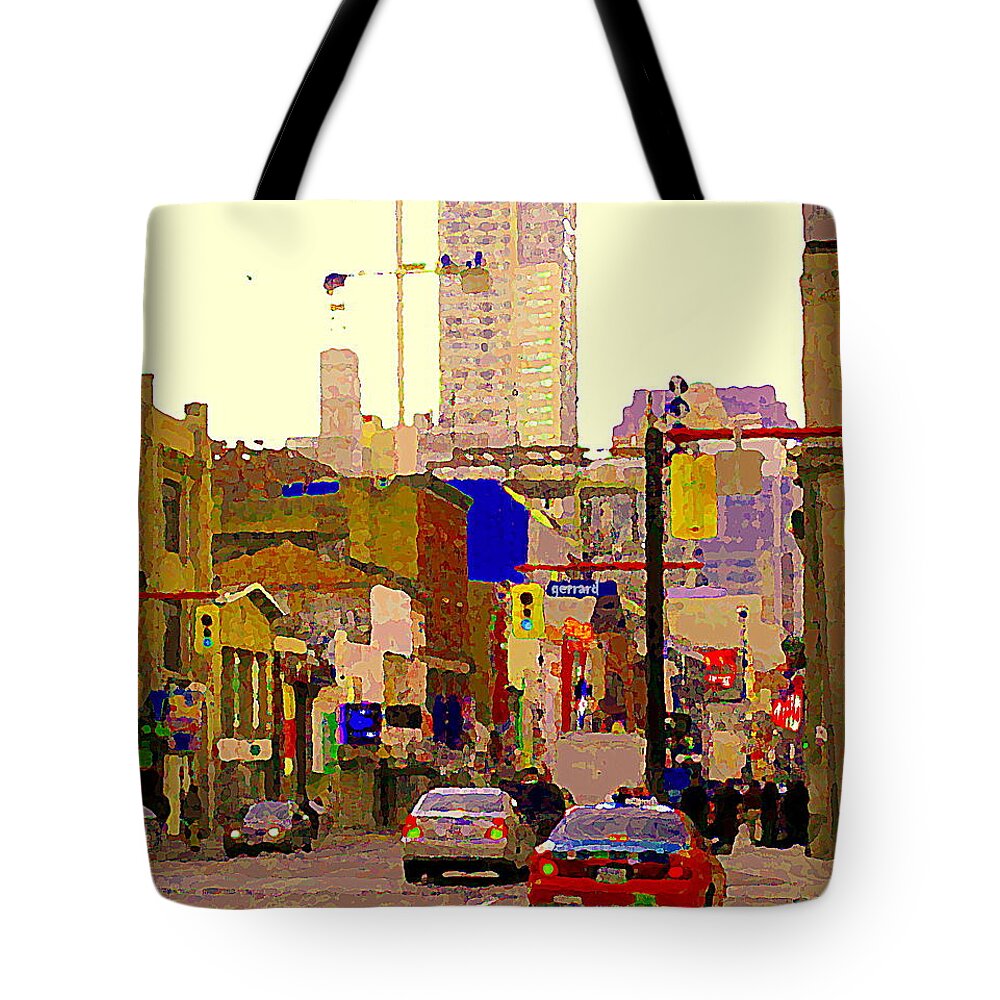 Toronto Tote Bag featuring the painting Red Cab On Gerrard Chinatown Morning Toronto City Scape Paintings Canadian Urban Art Carole Spandau by Carole Spandau