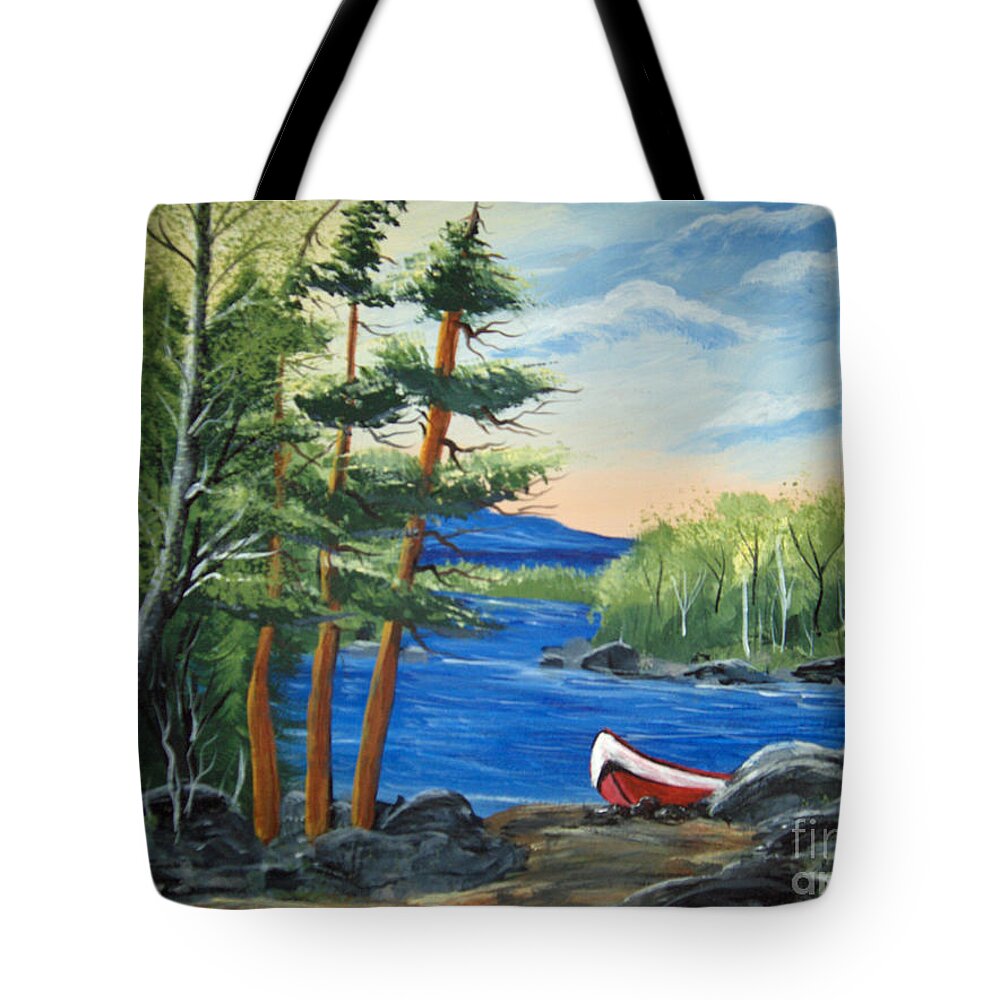 Clouds Tote Bag featuring the painting Red Canoe by Brenda Brown