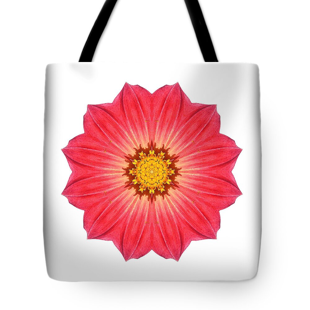 Flower Tote Bag featuring the photograph Red Dahlia Hybrid I Flower Mandala White by David J Bookbinder