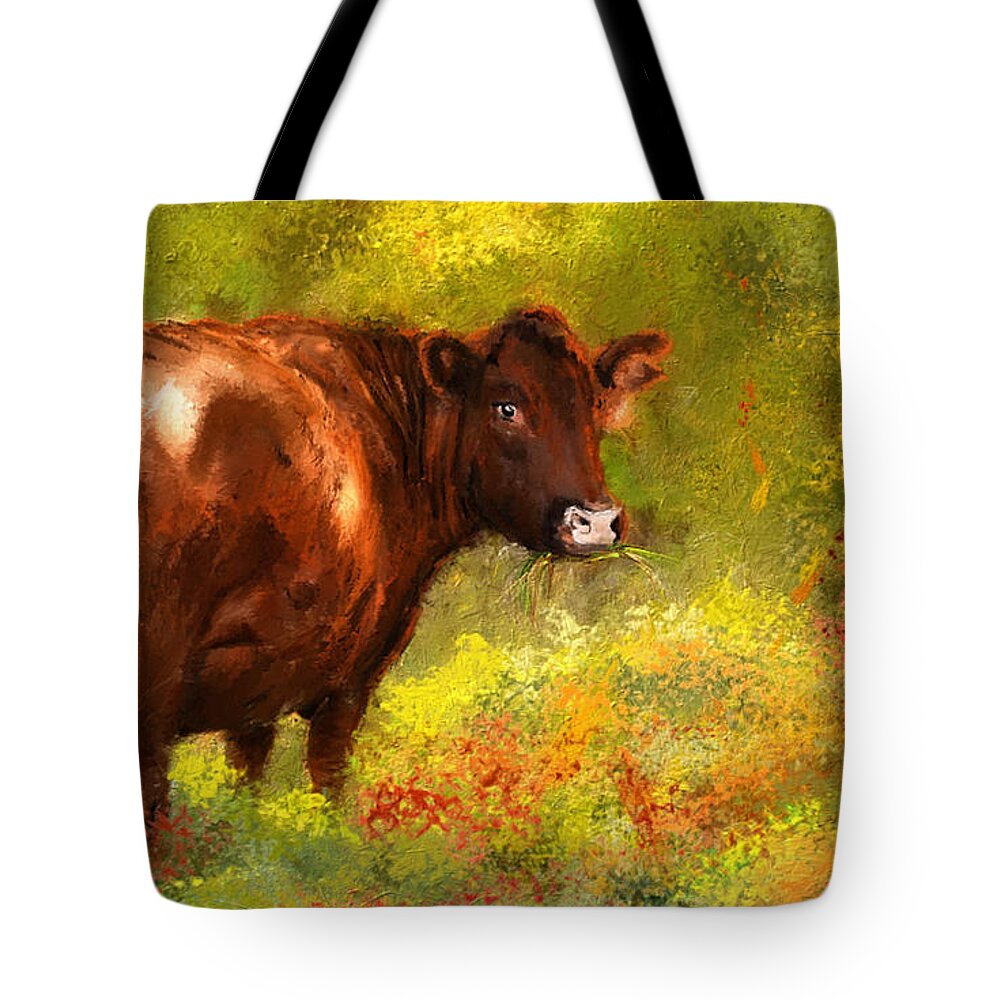 Red Devon Cattle Tote Bag featuring the painting Red Devon Cattle - Red Devon Cattle in a Farm Scene- Cow Art by Lourry Legarde